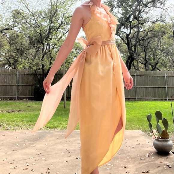Vintage Ruffle Halter Dress Orange and Yellow Size Small - Picture 1 of 12